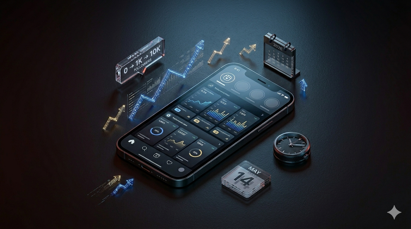 Smartphone con métricas de crecimiento de seguidores y gráficas de rendimiento en Instagram — RiseWay Digital